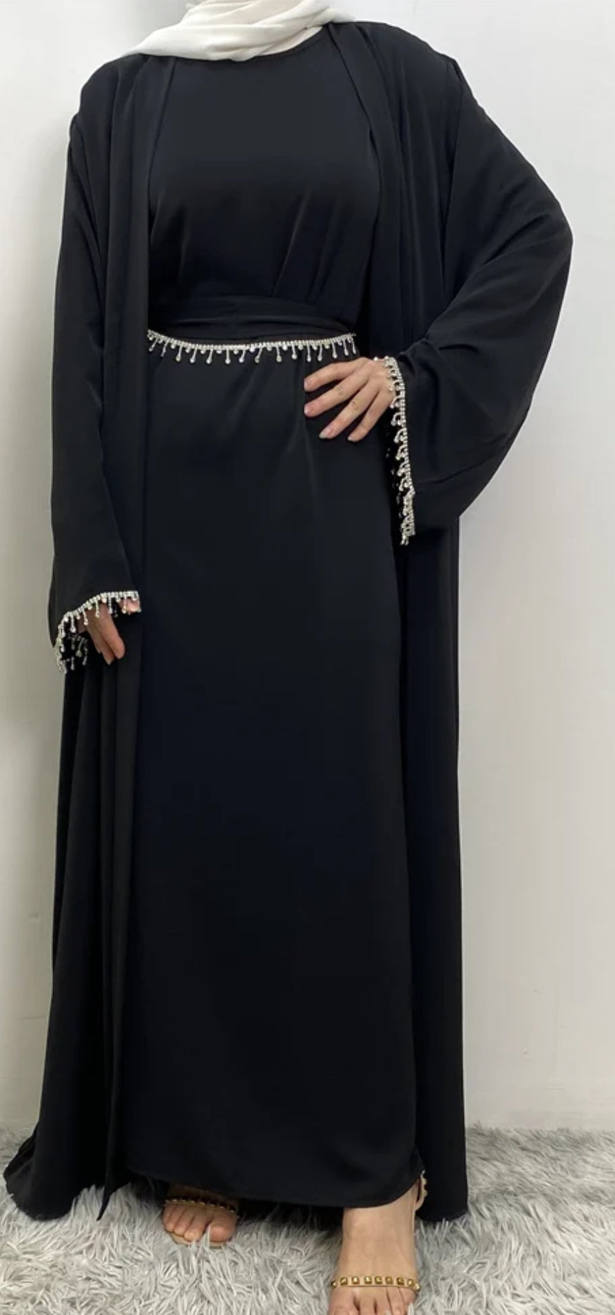 Abaya 5 pieces Set, Crystals Embellished Abaya, Modest Wear, Fancy Abaya, Ramadan Abaya for woman, Eid Abaya, Dubai Style Abaya