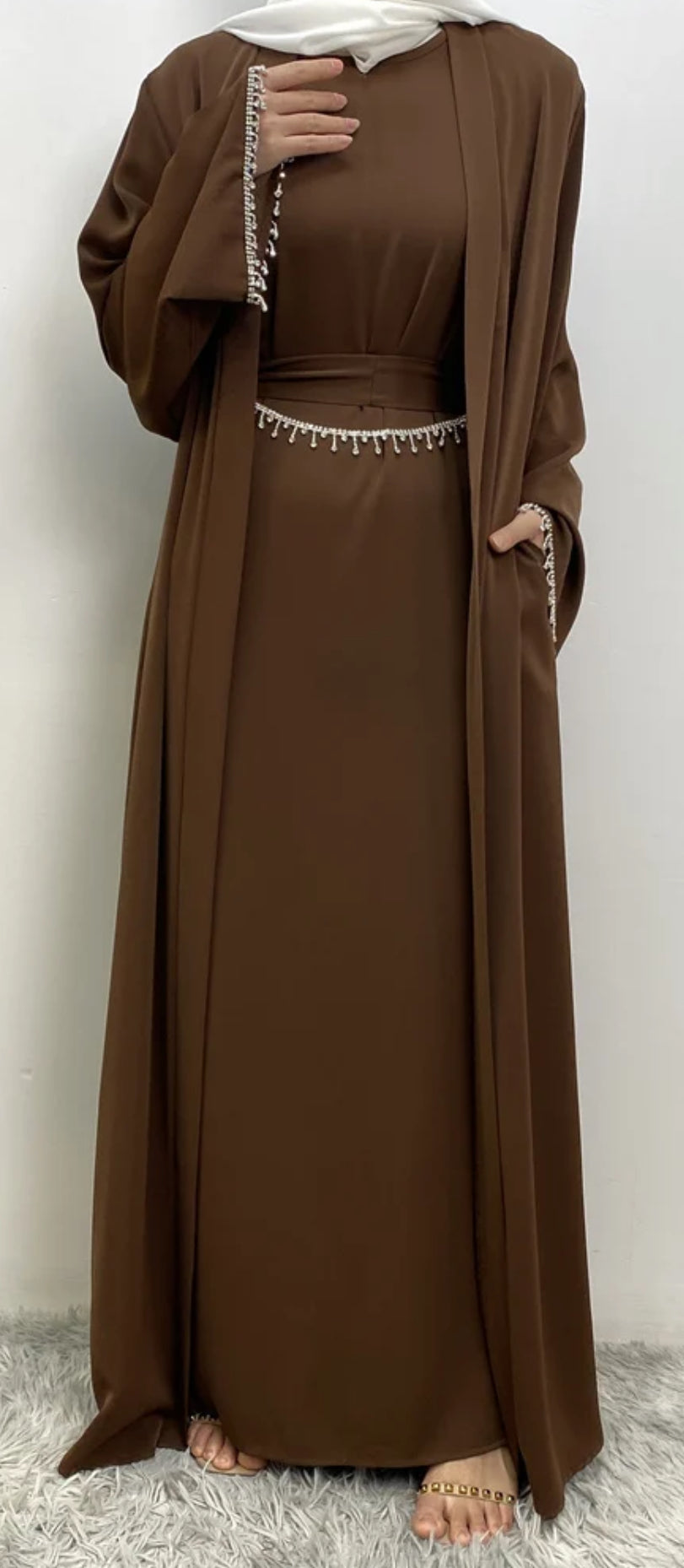 Abaya 5 pieces Set, Crystals Embellished Abaya, Modest Wear, Fancy Abaya, Ramadan Abaya for woman, Eid Abaya, Dubai Style Abaya