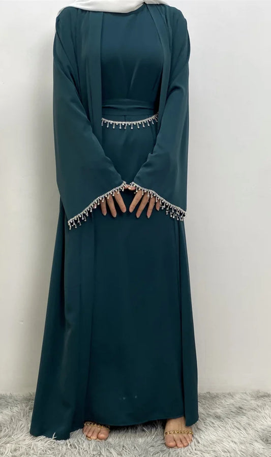 Abaya 5 pieces Set, Crystals Embellished Abaya, Modest Wear, Fancy Abaya, Ramadan Abaya for woman, Eid Abaya, Dubai Style Abaya