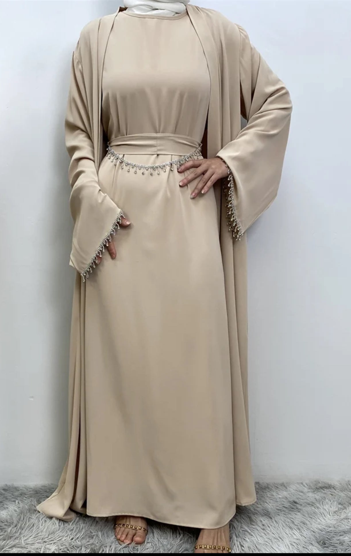 Abaya 5 pieces Set, Crystals Embellished Abaya, Modest Wear, Fancy Abaya, Ramadan Abaya for woman, Eid Abaya, Dubai Style Abaya